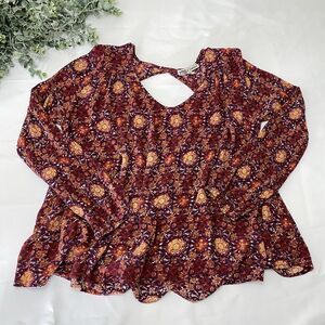 Gypsies & Moondust Women's LG Blouse Red Floral Long Sleeve V Neck Keyhole Back